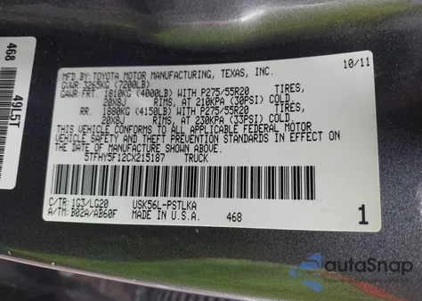 2012 Toyota Tundra Limited 5.7L V8 из США, поврежденный, VIN 5TFHY5F12CX215187